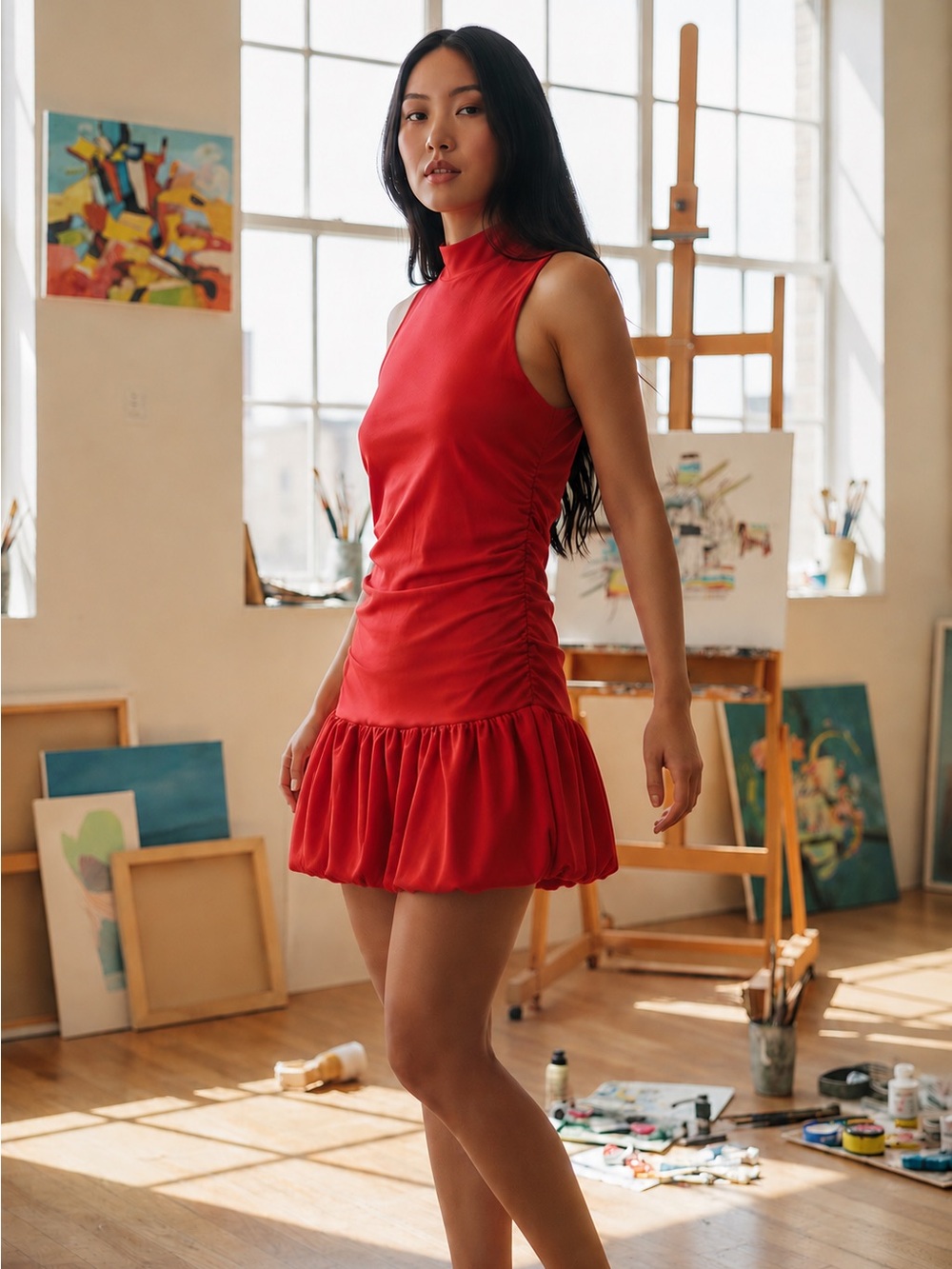 High-Neck Red Mini Dress with Ruched Sides and Bubble Hem NWT